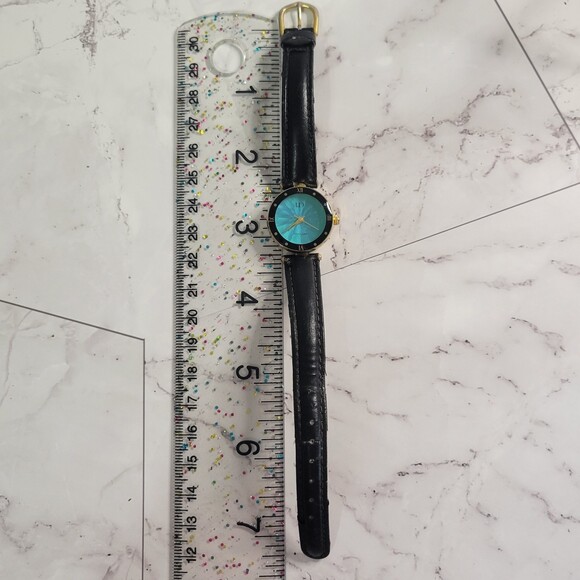 I.D. Titanium Vintage gold tone turquoise face black leather band watch - Picture 11 of 12